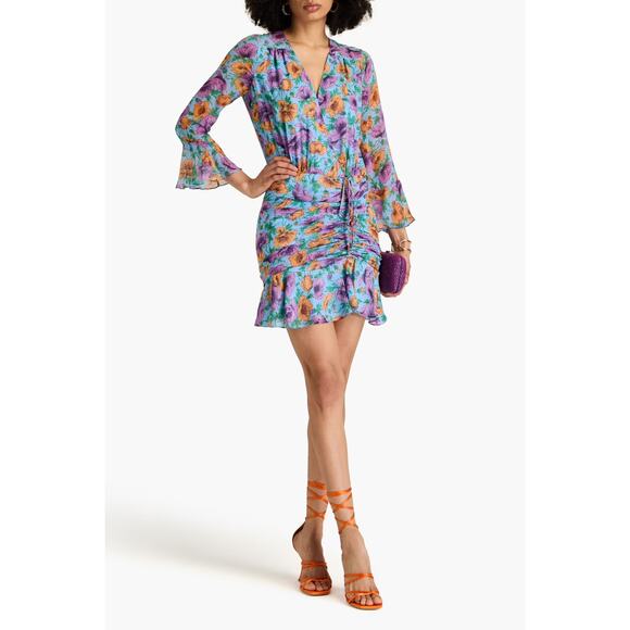 NWT‎ Veronica Beard Sean Silk Mini Dress Lake Blue Multi Ruched Size 20 - Picture 1 of 11